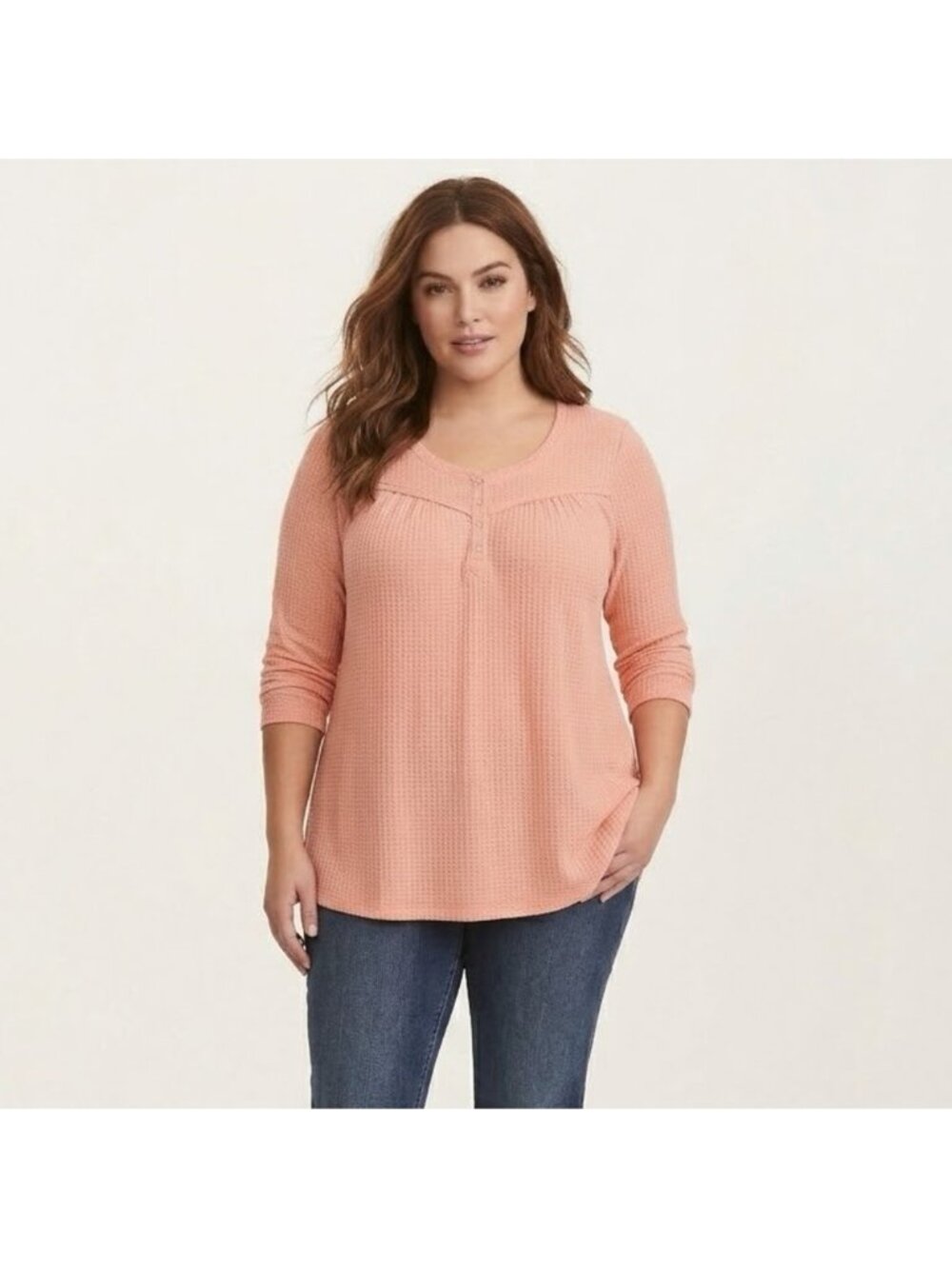 Penningtons Waffle Babydoll Empire Top Shirt 3/4 Sleeves Pink size 0X Flowy Cute